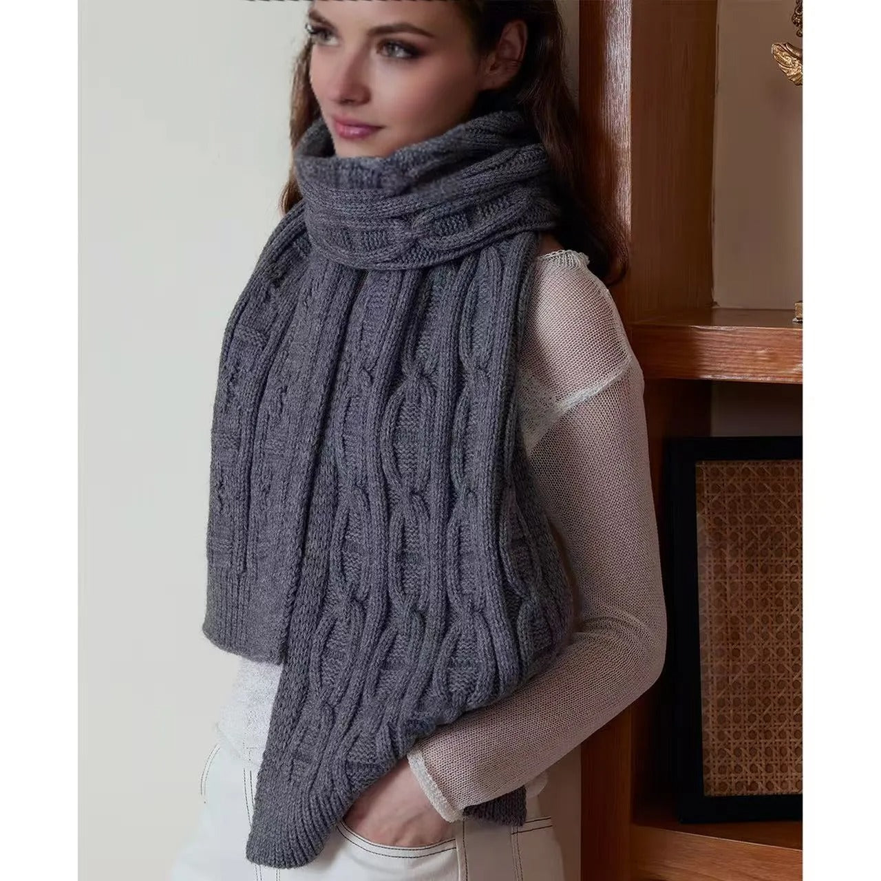 Classic Cable Knit Scarf for Women, Solid Color Winter Wrap