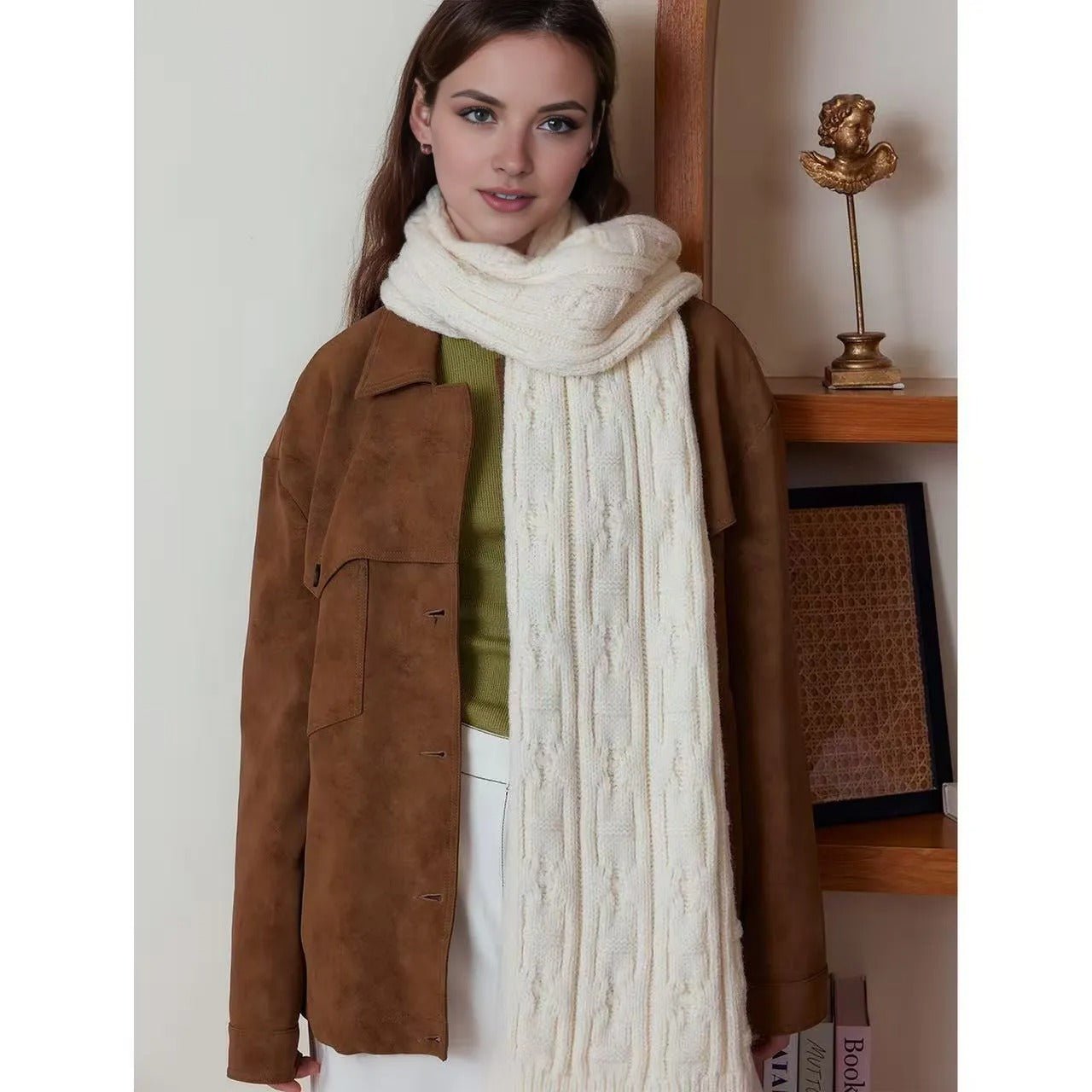 Classic Cable Knit Scarf for Women, Solid Color Winter Wrap