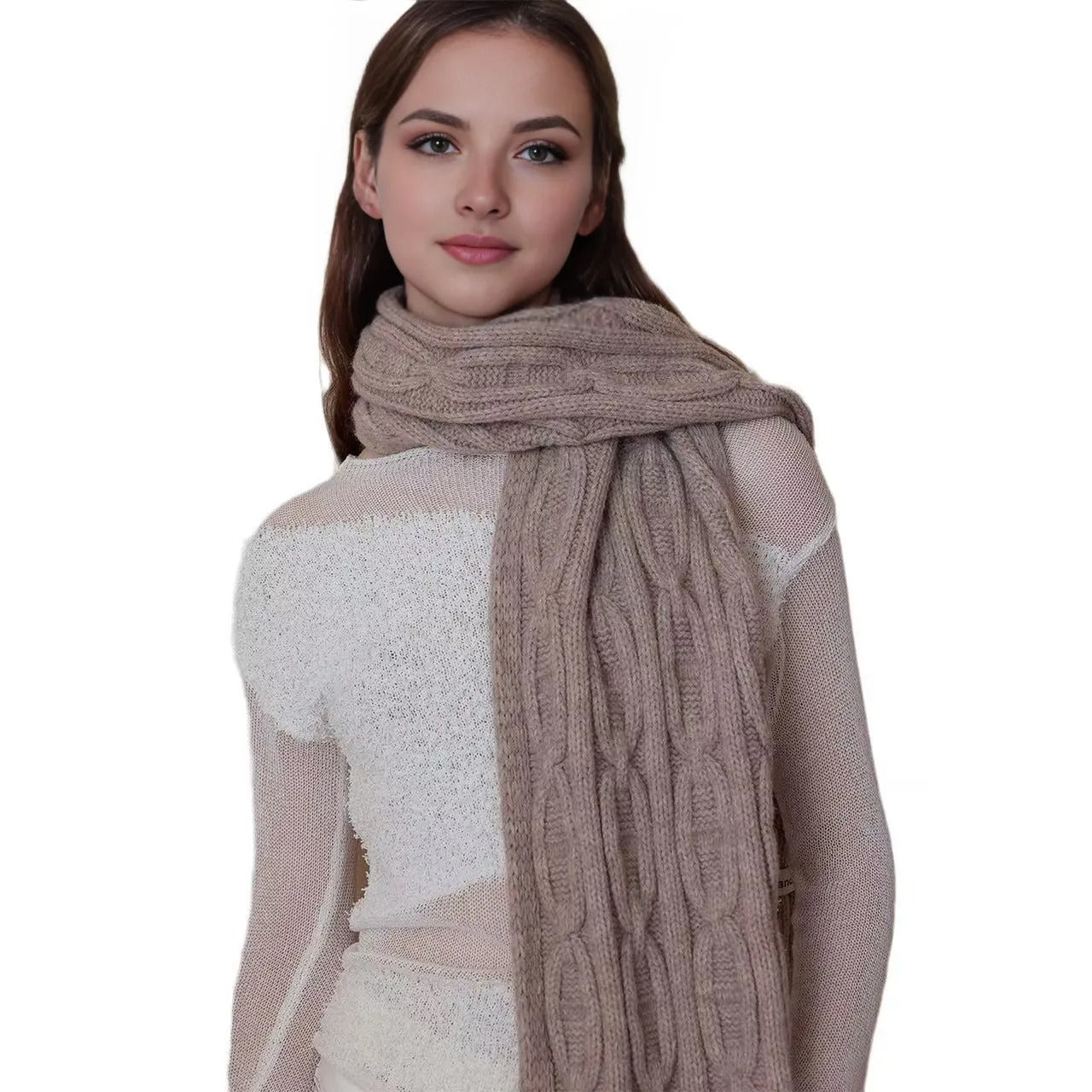 Classic Cable Knit Scarf for Women, Solid Color Winter Wrap