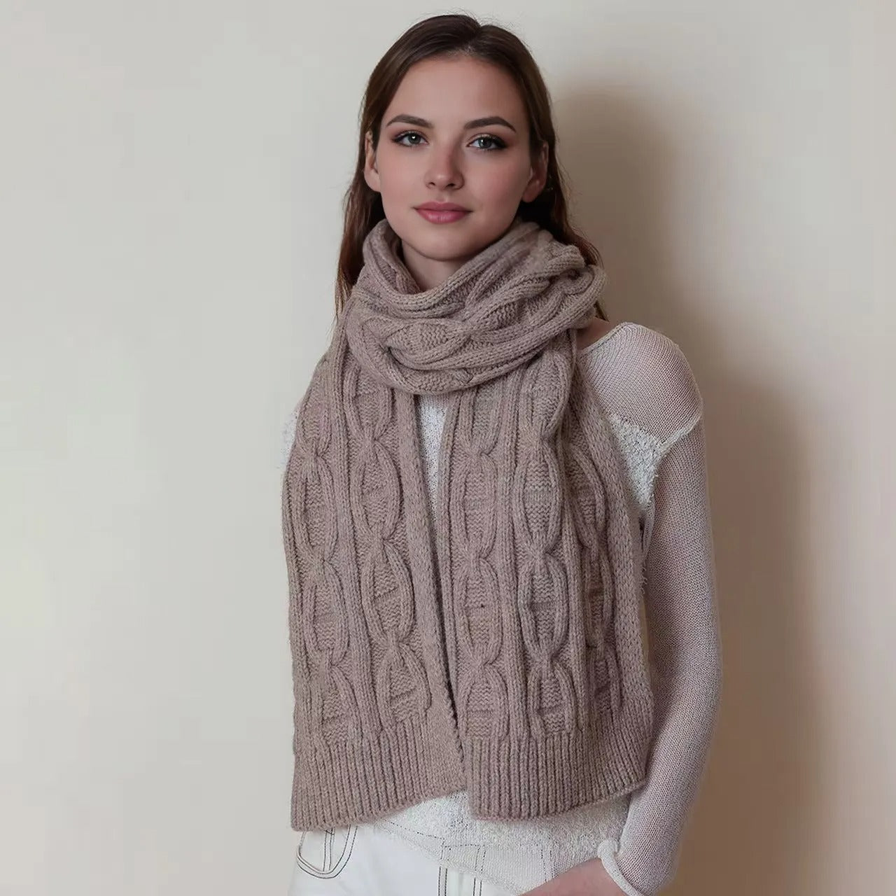 Classic Cable Knit Scarf for Women, Solid Color Winter Wrap