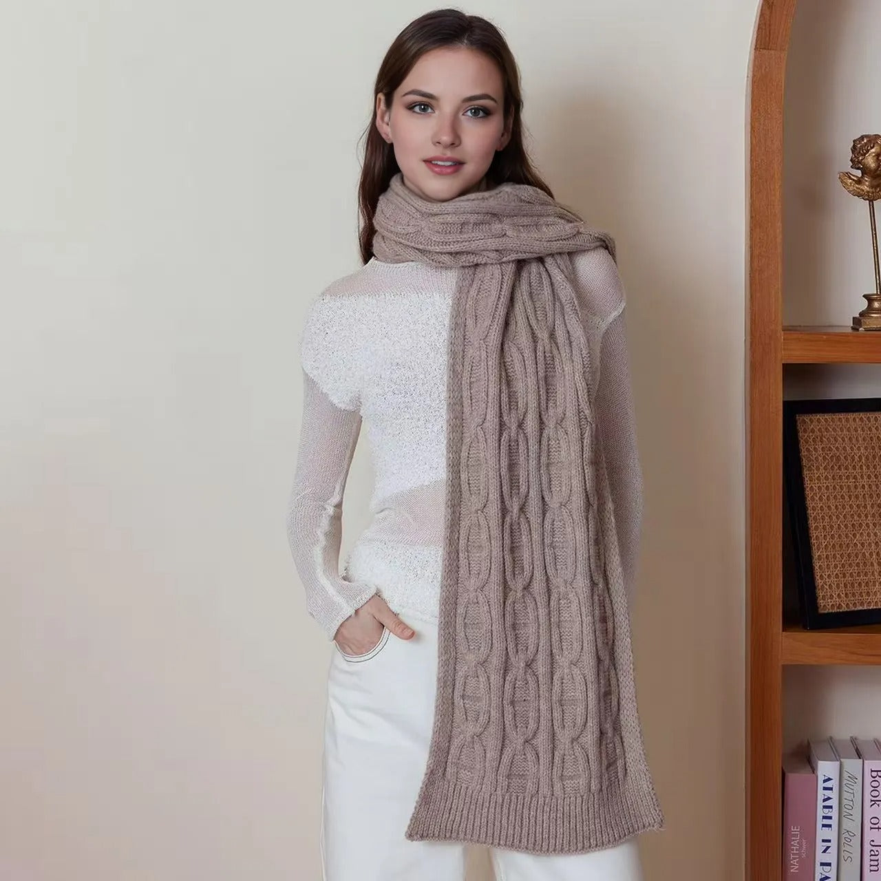 Classic Cable Knit Scarf for Women, Solid Color Winter Wrap