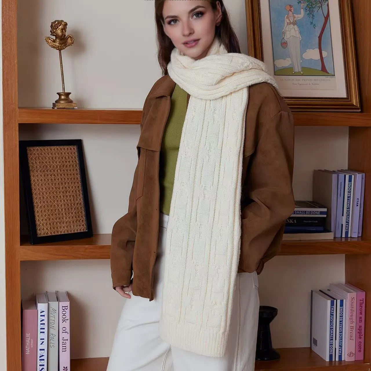Classic Cable Knit Scarf for Women, Solid Color Winter Wrap